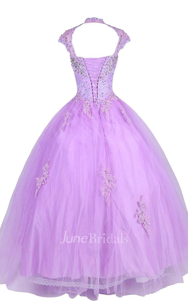 Cap-sleeved A-line Ballgown With Beadings and Illusion