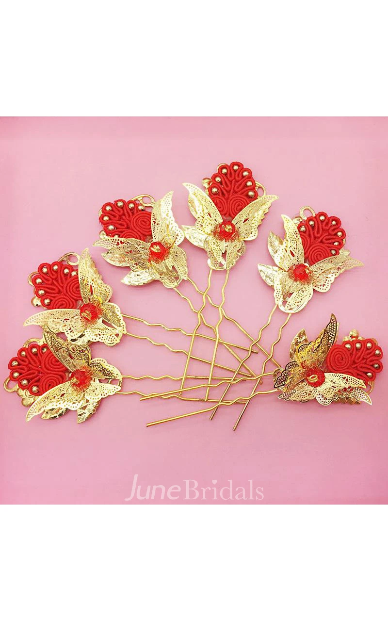 Bride Red Headdress Hair Ornaments Chinese Cheongsam Wedding Accessories Plate Hairpin U-Shaped Clip