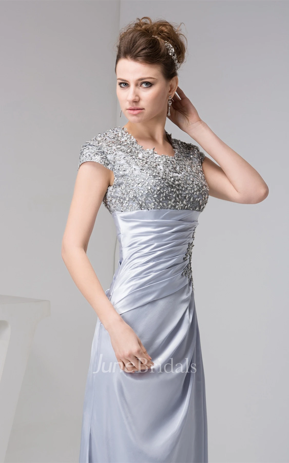 Caped-Sleeve Ruched Sheath Dress with Jewels and Appliques