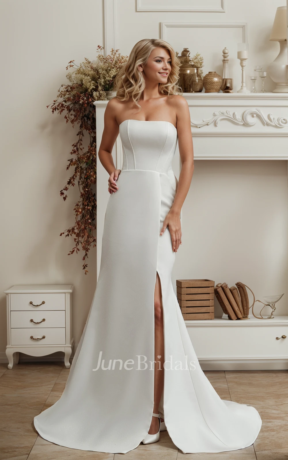 Modern Simple Mermaid Floor Length Split Front Spring Wedding Dress Minimalist Sexy Sweetheart Sleeveless Strapless Low Back Sweep Train Reception Bridal Gown