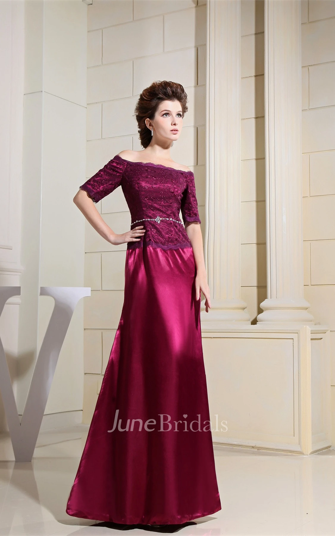Off-The-Shoulder Short-Sleeve Satin Sheath Gown with Appliqued Top