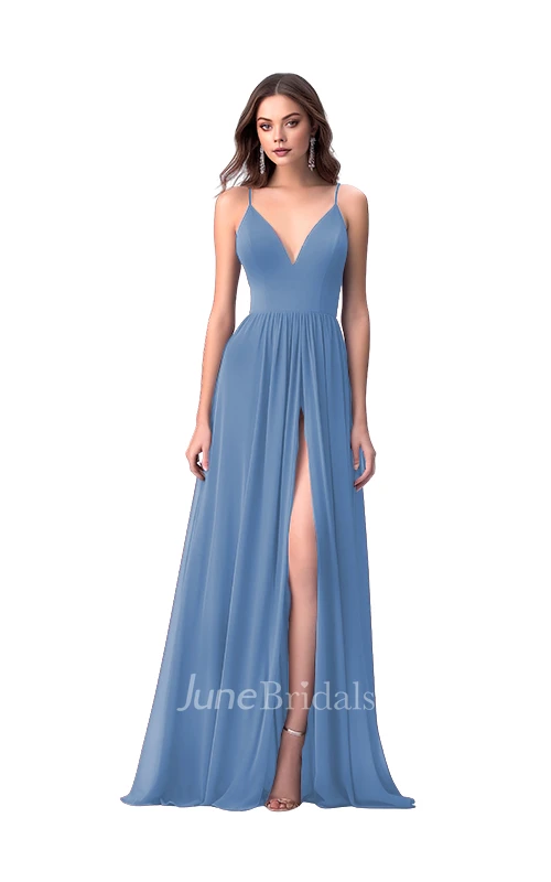 Romantic A-Line Spaghetti V-neck Chiffon Bridesmaid Dress with Split Front