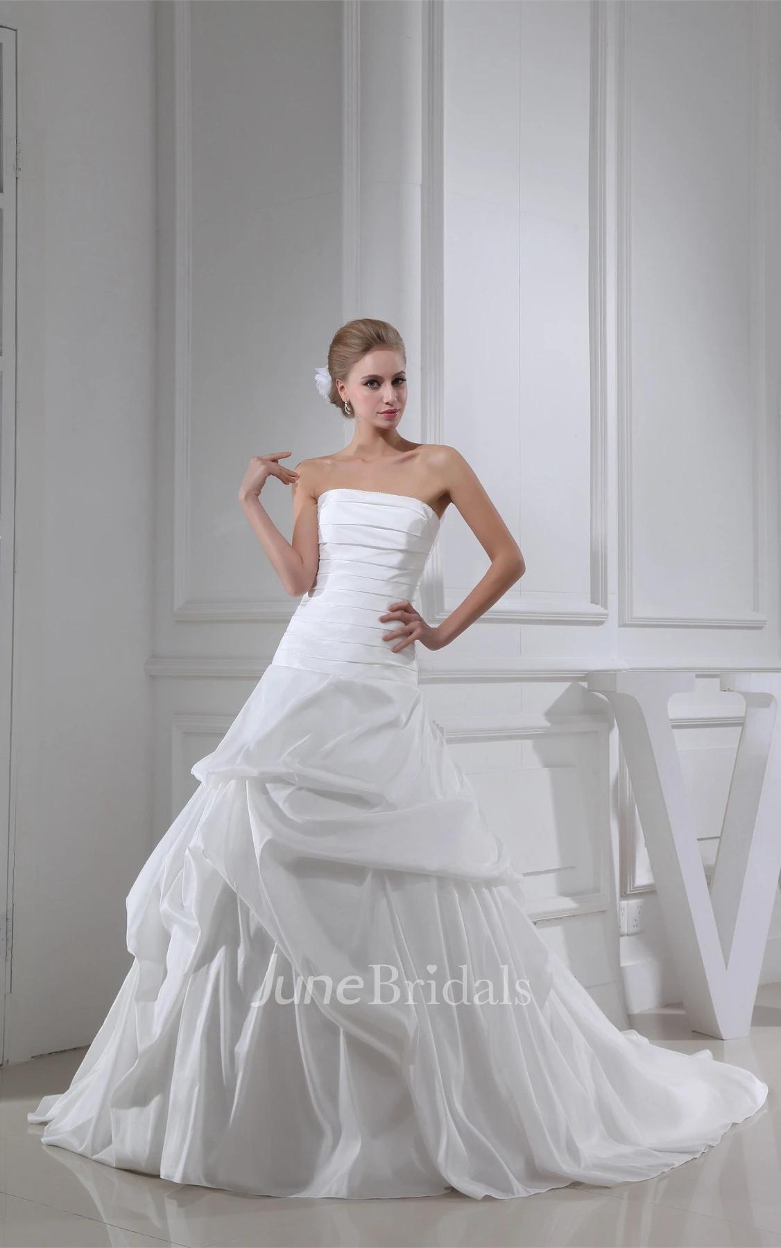 Long A-Line Strapless Taffeta Dress with Ruffles and Bandage
