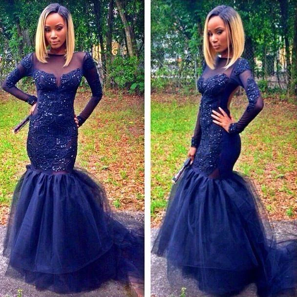Sparkly Navy Blue Long Sleeve Prom Dresses Mermaid Appliques