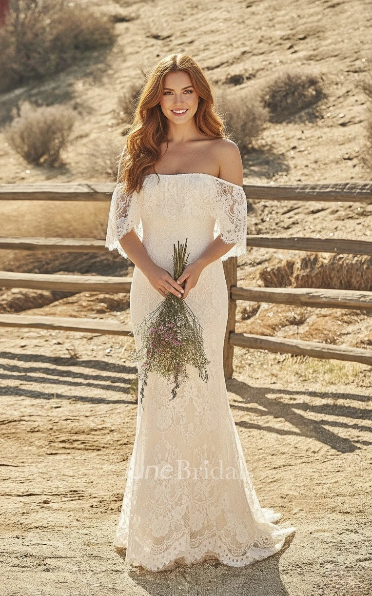 Bohemian Sheath Off-the-shoulder Lace Spring Wedding Dress Draping Short Sleeve Open Back Bridal Gown with Train