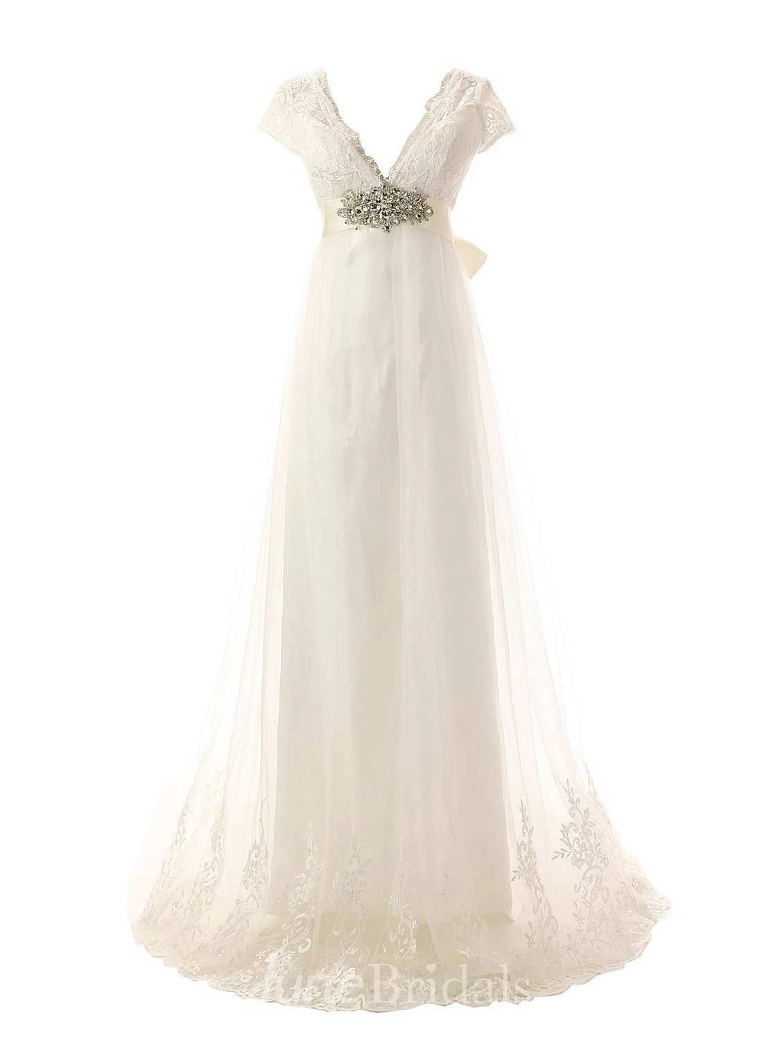 Cap Sleeve Low V Neck A-line Lace Gown With Beaded Belt