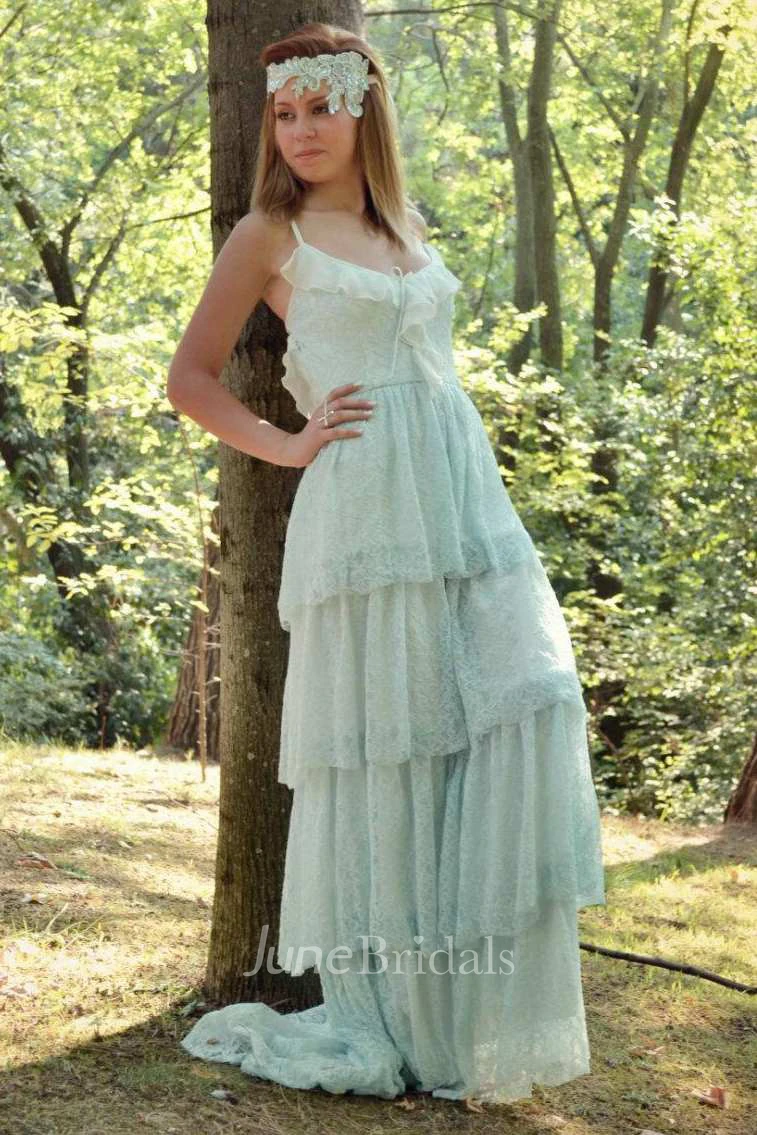 Spaghetti Tiered A-Line Boho Style Wedding Dress With Sweep Train