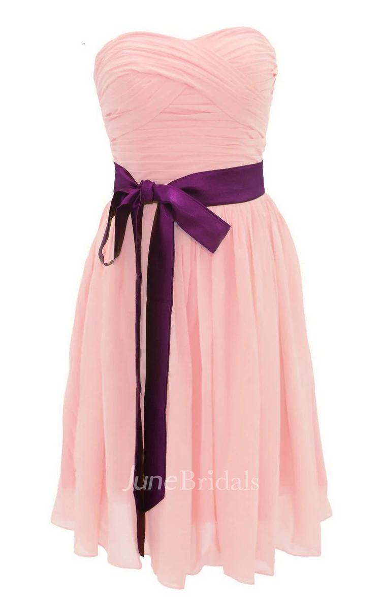Strapless Ruched Dress WIth Satin Sash and Drapping
