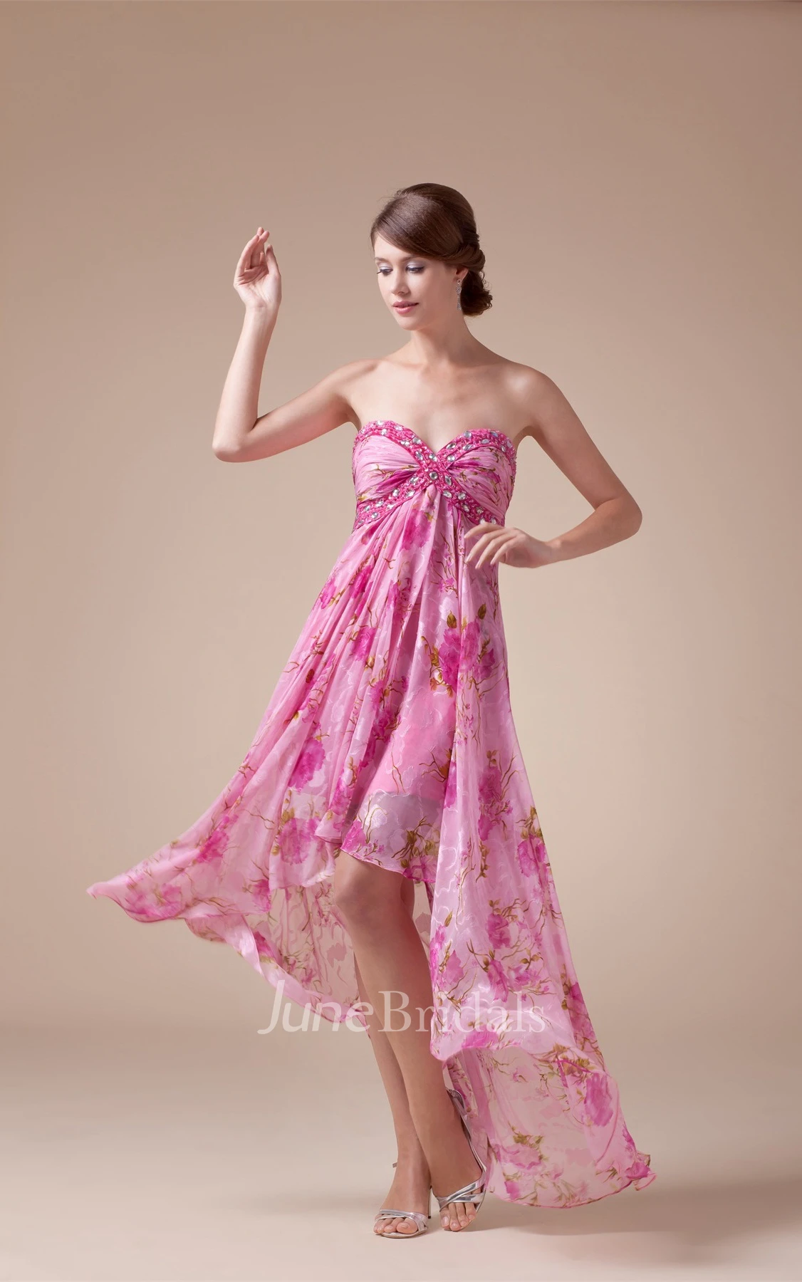 Sweetheart Criss-Cross High-Low Empire Dress with Jewel and Floral Print