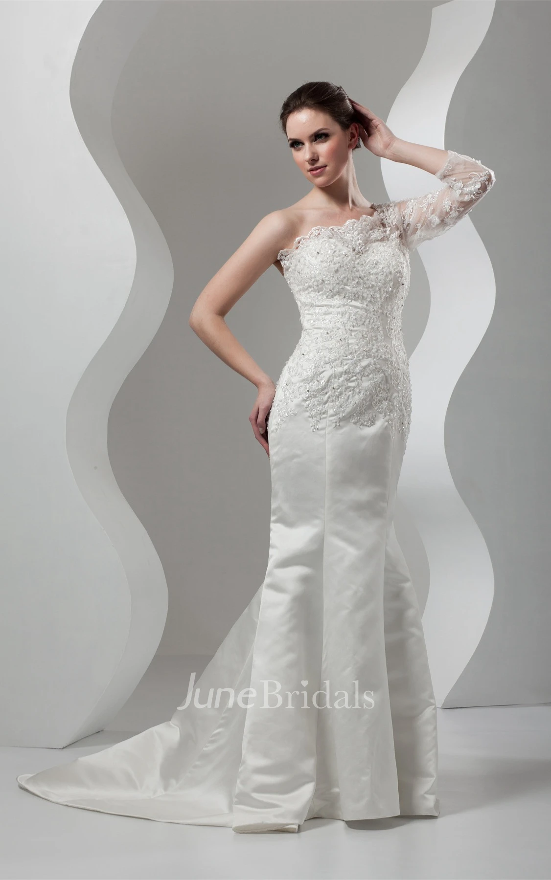 Asymmetrical Mermaid Appliqued Gown with Illusion One Sleeve