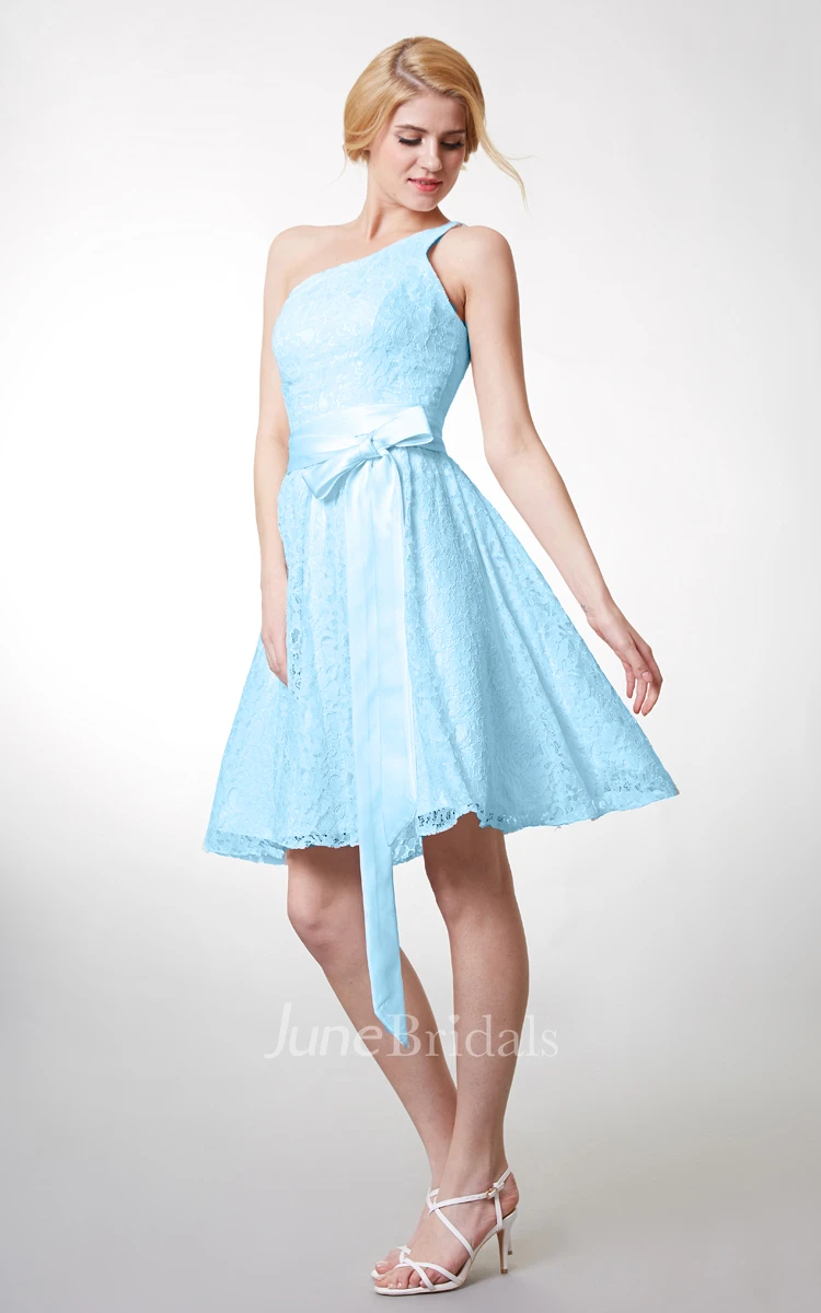 Beautiful Knee Length Lace Dress One Shoulder Neckline and Fitted Cut Flattering