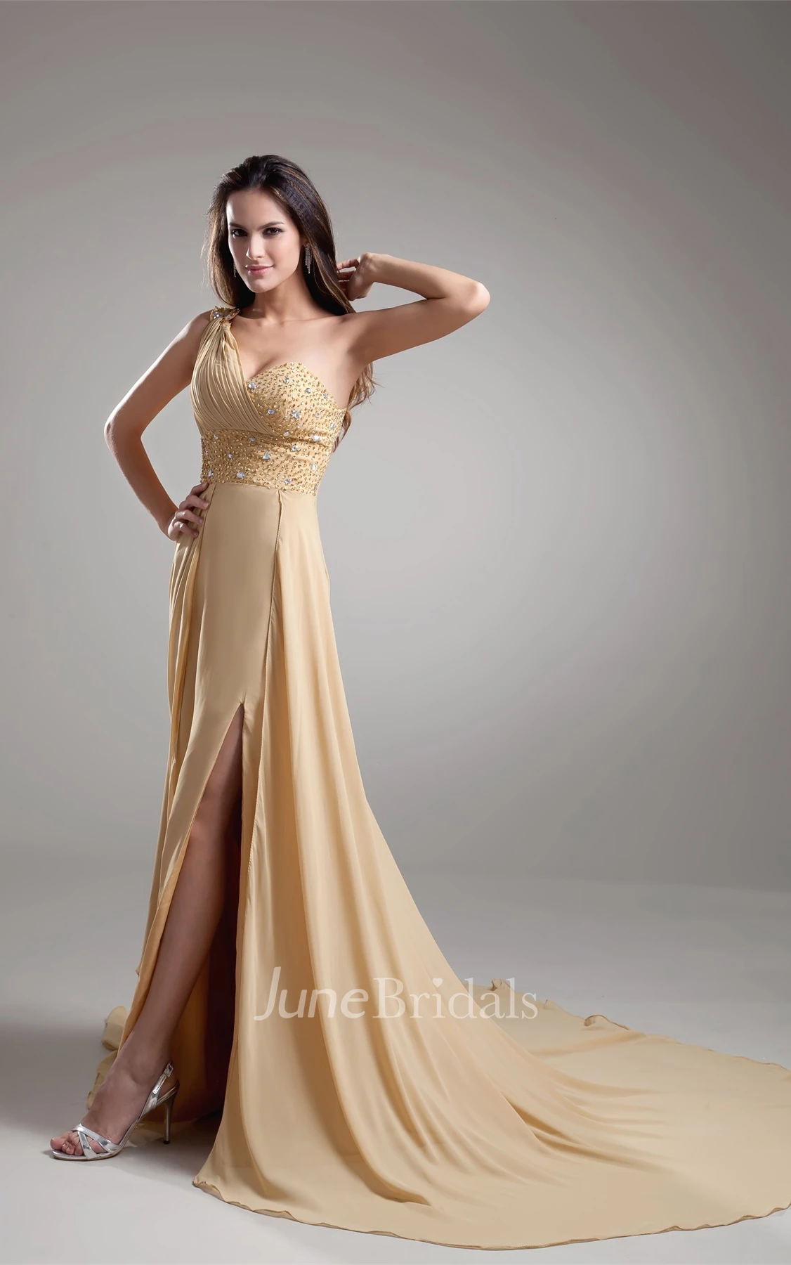 One-Shoulder Front-Split Long Dress with Jeweled Top