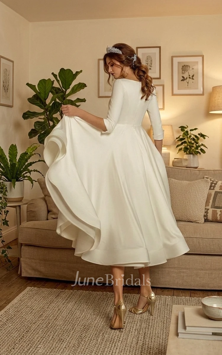 A-Line Long Sleeve V-neck Simple Casual Modest Tea-length Spring Wedding Dress Gowns
