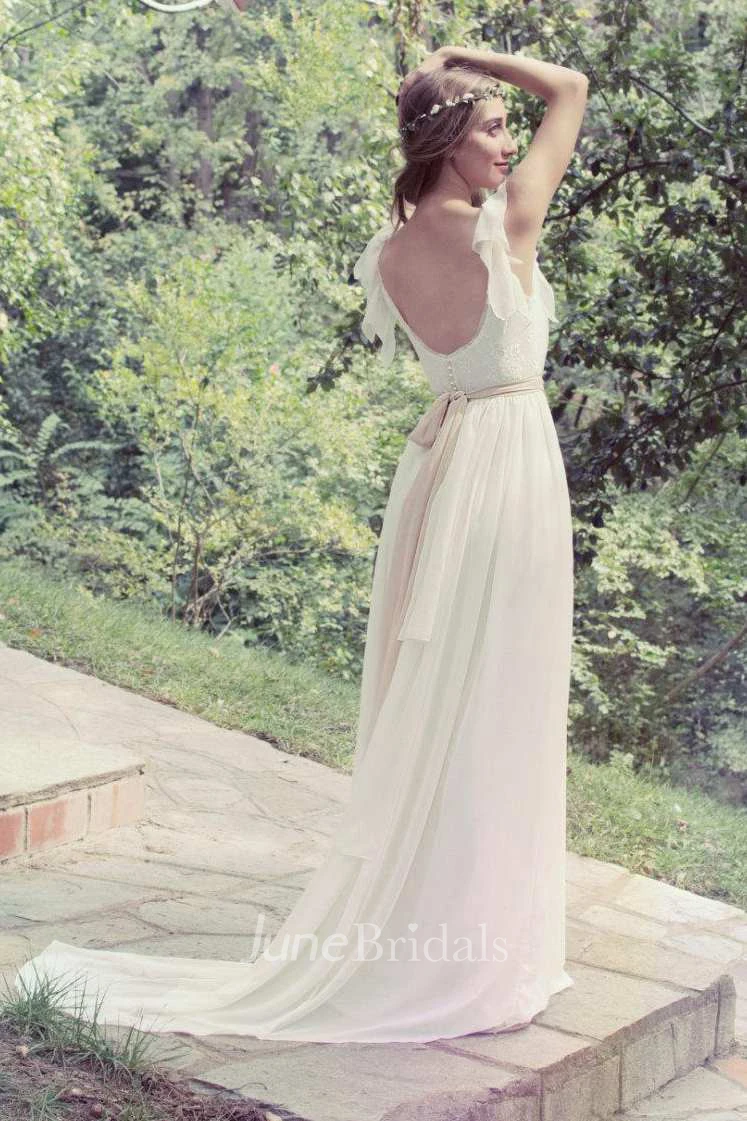 V-Neck Poet-Sleeve Chiffon Pleated Wedding Dress With Appliques And Flower