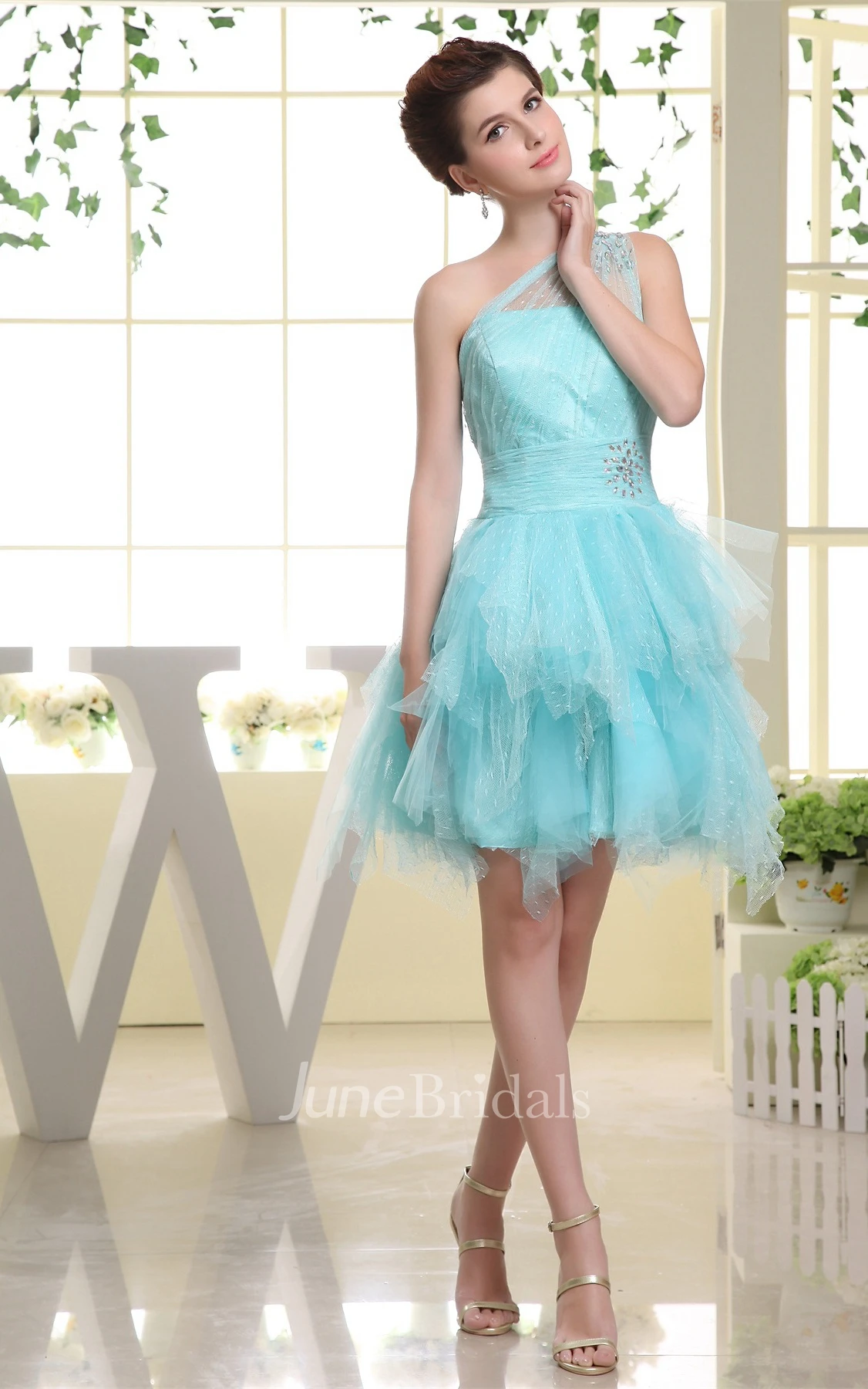 One-Shoulder Ruffled Tulle Mini Dress with Beading Illusion Neckline