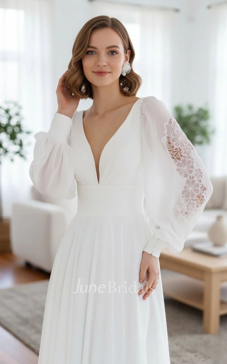 Romantic A-Line Long Puff Sleeves Lace Flower Wedding Dress Modern Flowy Chiffon Plunge Deep V Back Bridal Gown
