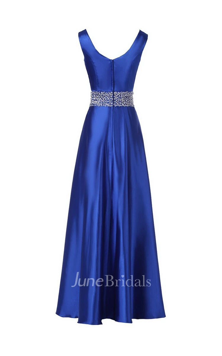 Sleeveless Pleated Satin Dress With Beading Belt and Trim