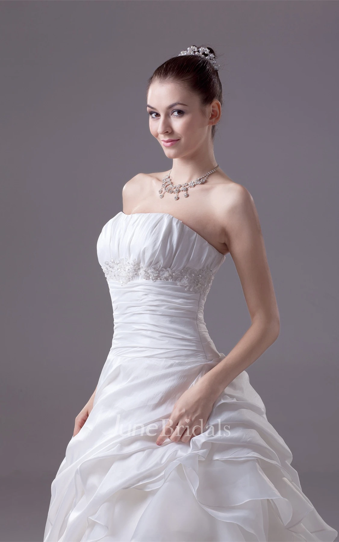 Strapless A-Line Ruched Gown with Cascading Ruffles and Cinched Waistband