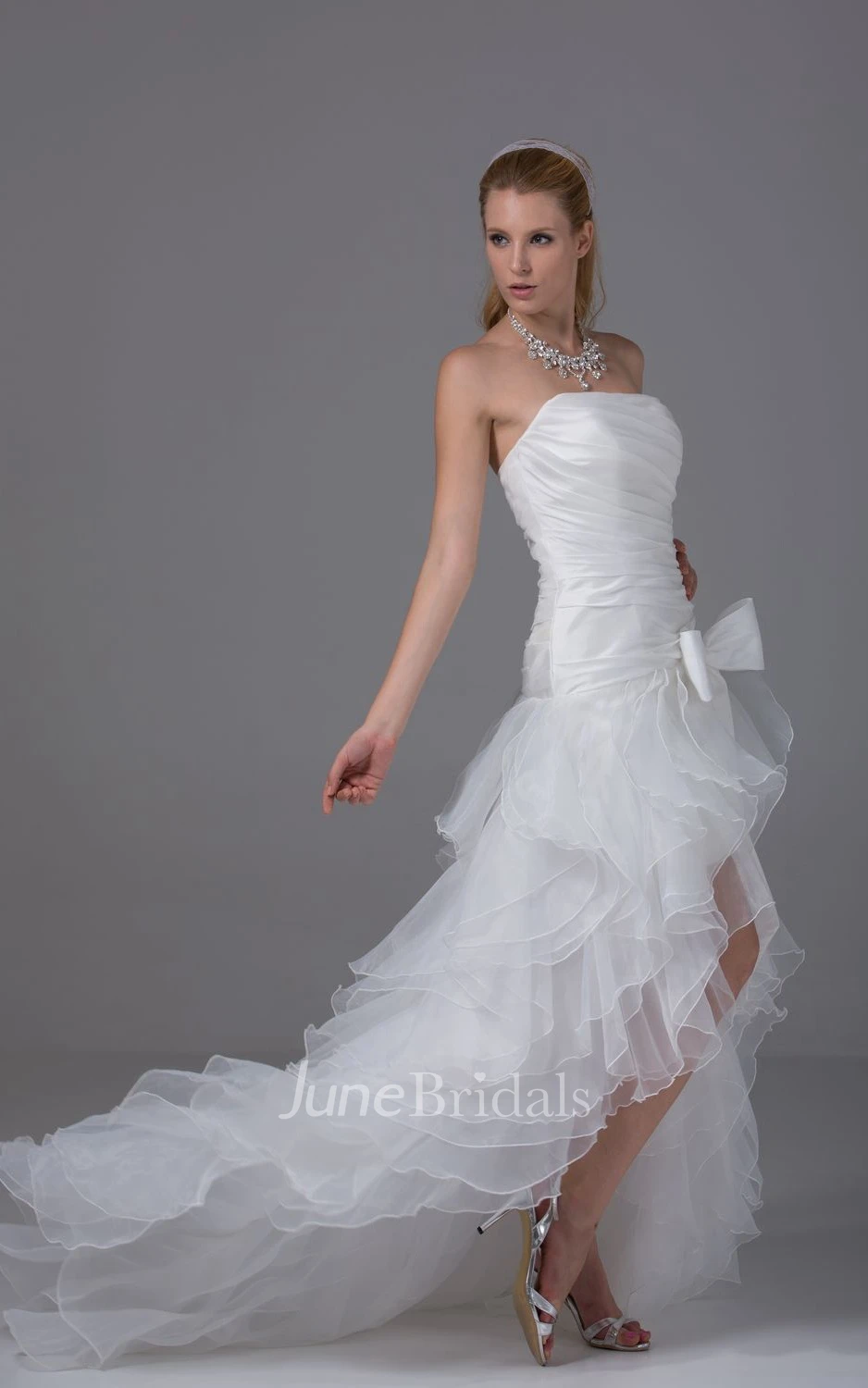 Strapless High-Low Organza Dress With Bow and Ruching