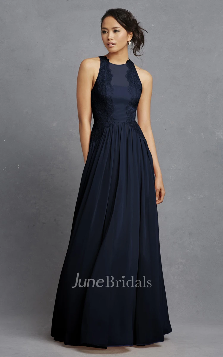 Sleeveless Long-Chiffon Dress With Lace Appliques