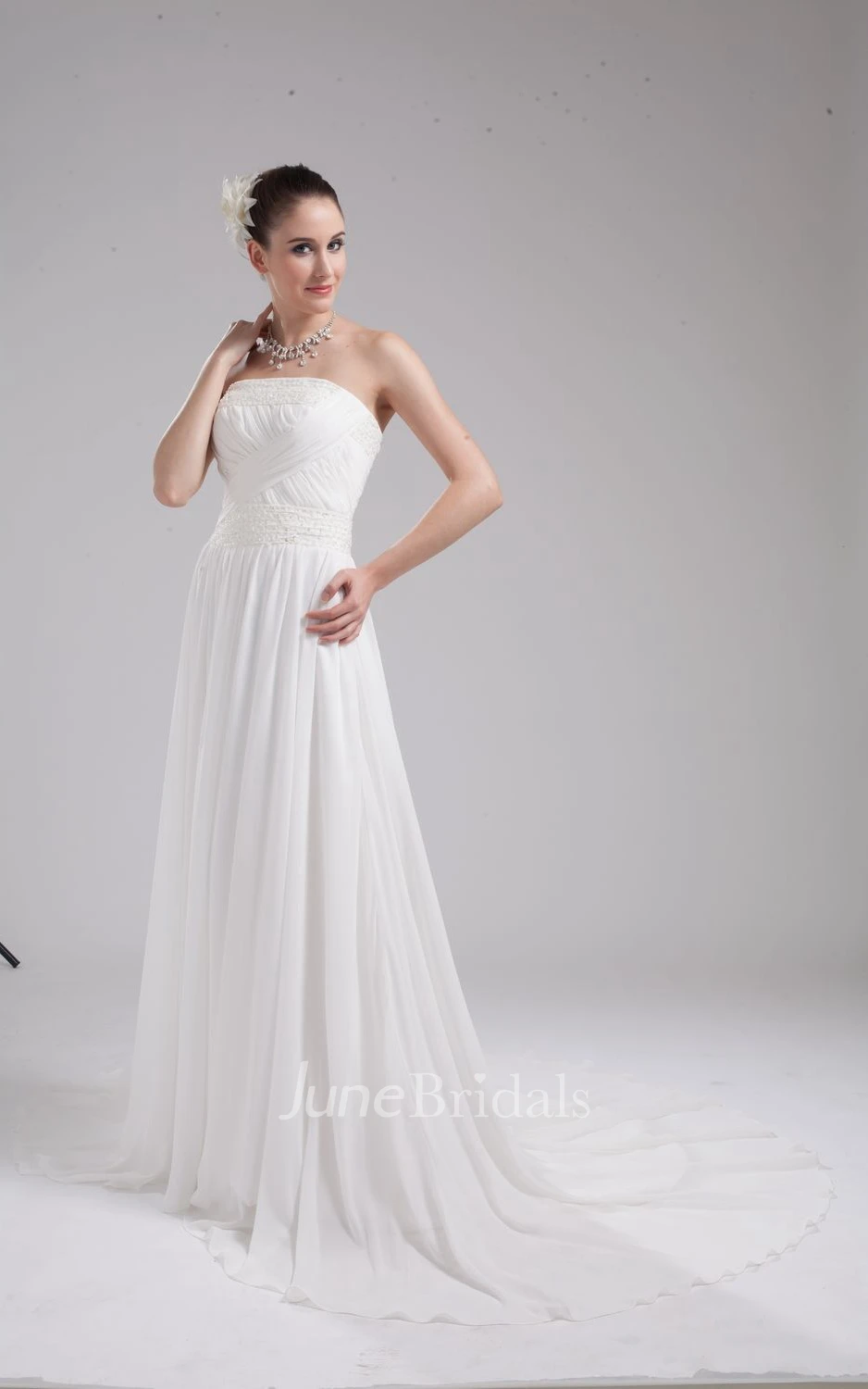 Ethereal Strapless Chiffon Maxi Dress With Ruching and Beading