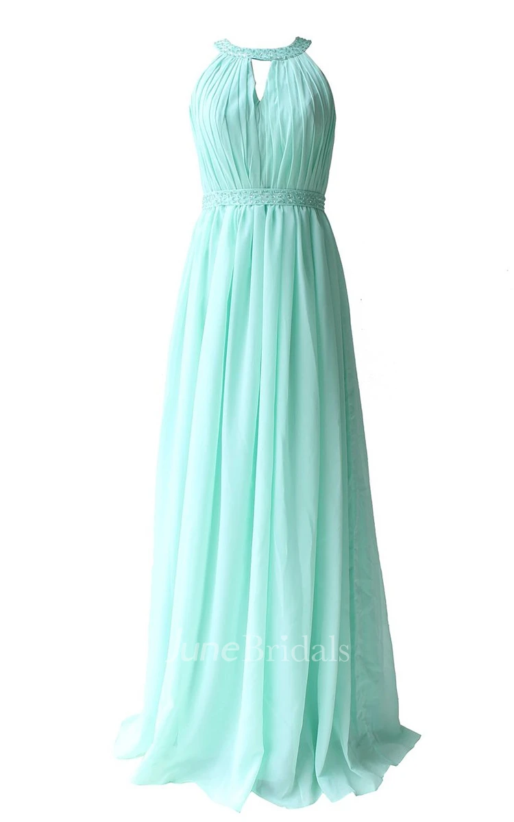 Jewel Notched Pleated Chiffon A-line Gown With Beading