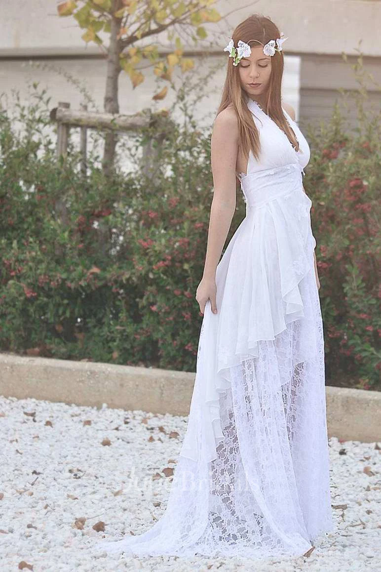 Plunged Haltered A-Line Lace Backless Wedding Dress With Draping