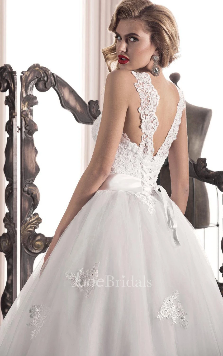 A-Line Tulle Lace Satin Dress With Bow Split Front Split