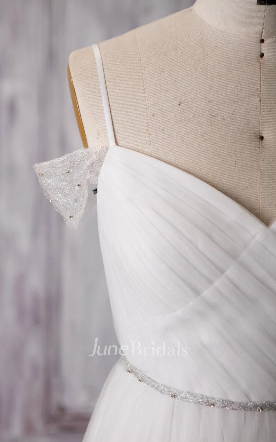 Spaghetti Strap Long A-Line Tulle Wedding Dress With Crisscross Ruching