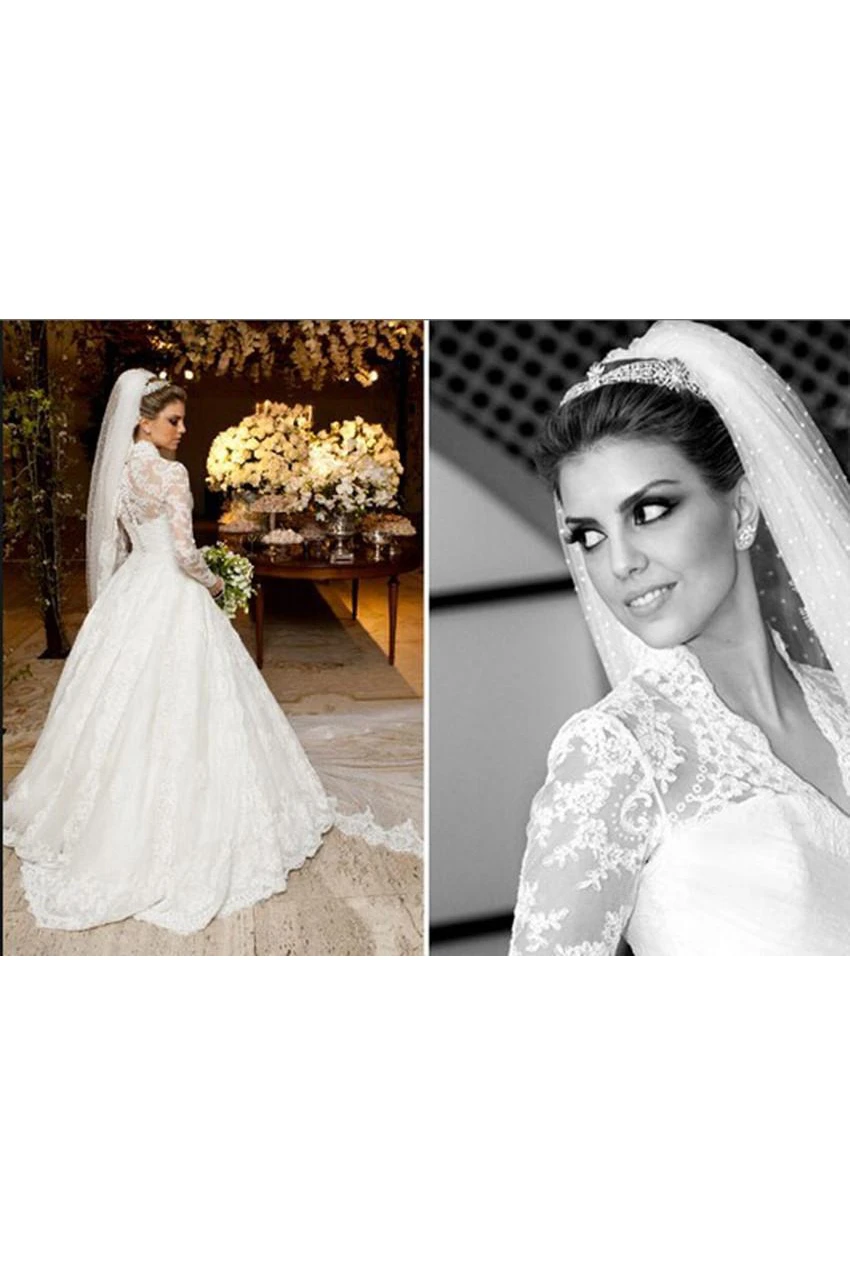 Elegant V-neck Long Sleeve Lace Wedding Dress Ball Gown