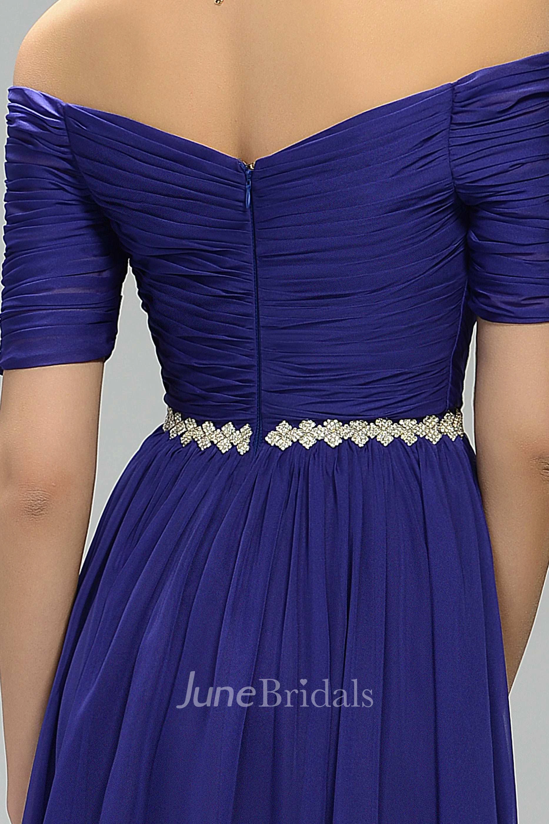 Off The Shoulder V Neck A-line Long Chiffon Dress With Belt