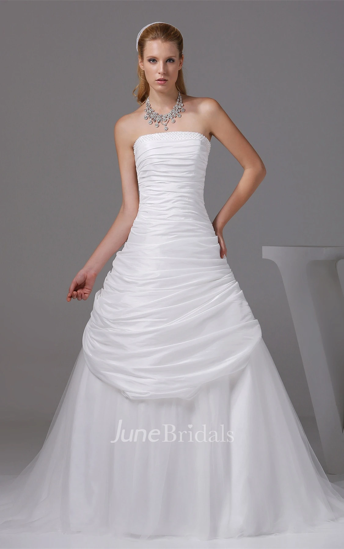 Ruched A-Line Strapless Side Draping Gown with Court Train and Zipper Back