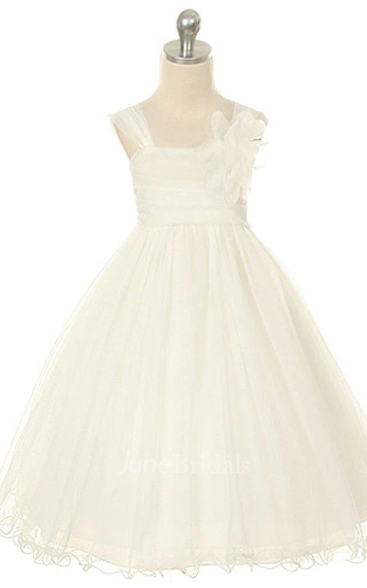 Cap-sleeved Square-neck A-neck Dress With Flower