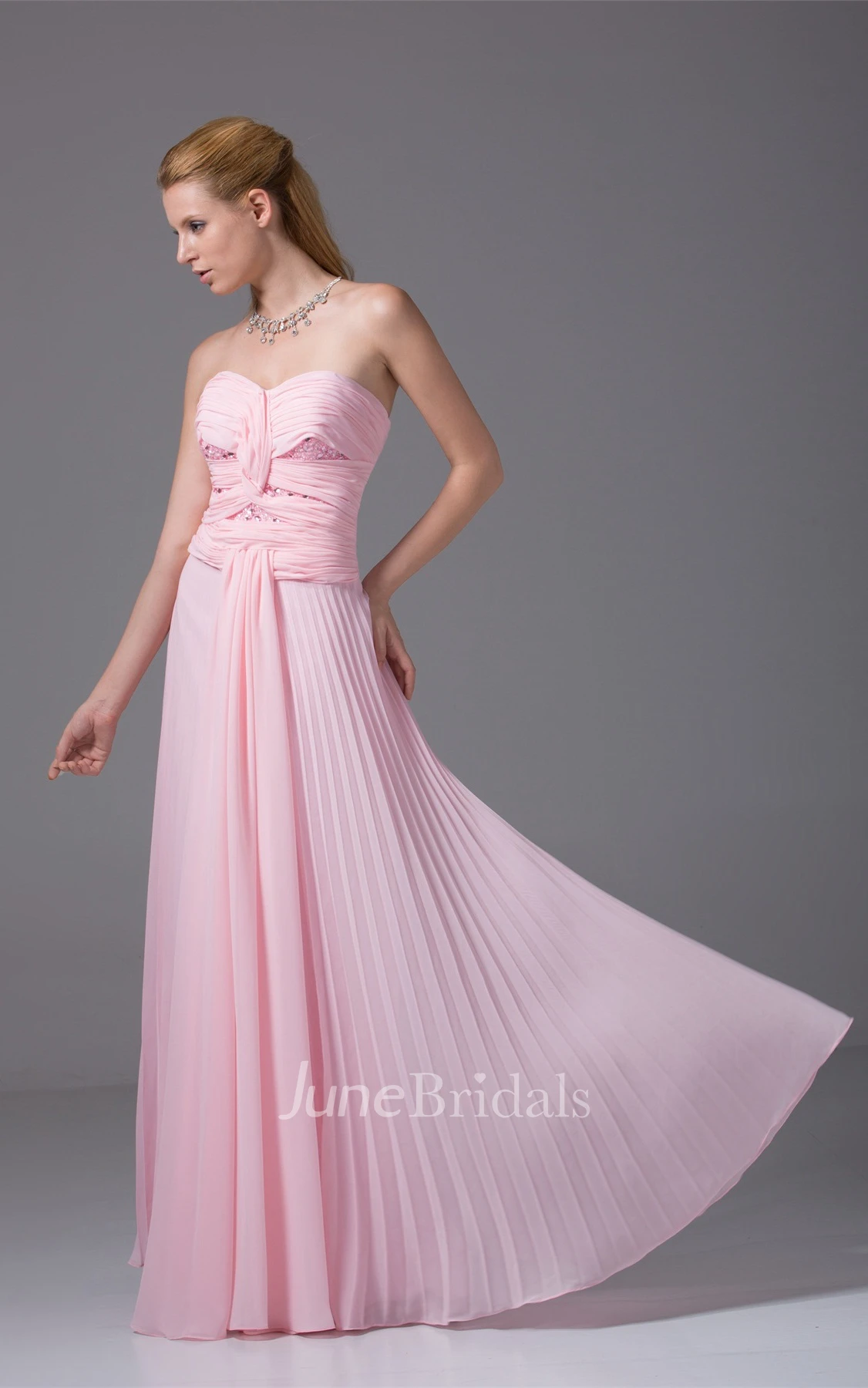 Chiffon Sweetheart Pleated Long Dress with Ruching and Beading