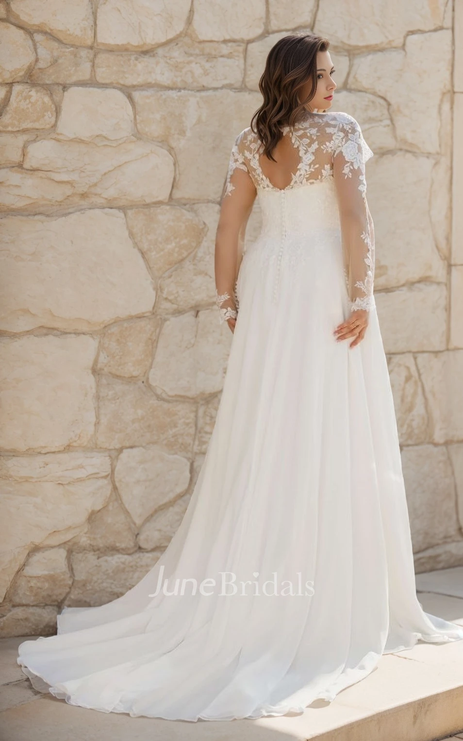 Classic Lace Long Sleeve A-Line Wedding Dress for Curvy Brides Deep V-Neck Romantic Bridal Gown