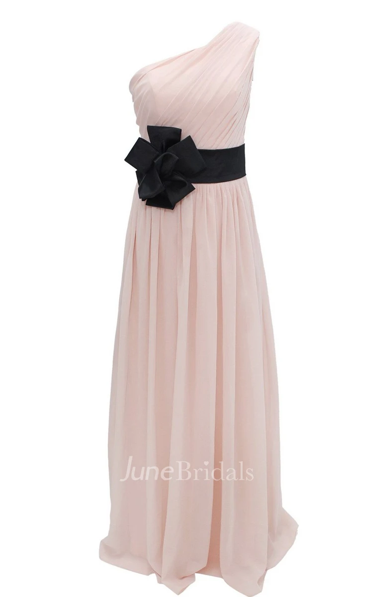 One-shoulder Pleated Chiffon A-line Gown With Floral Band