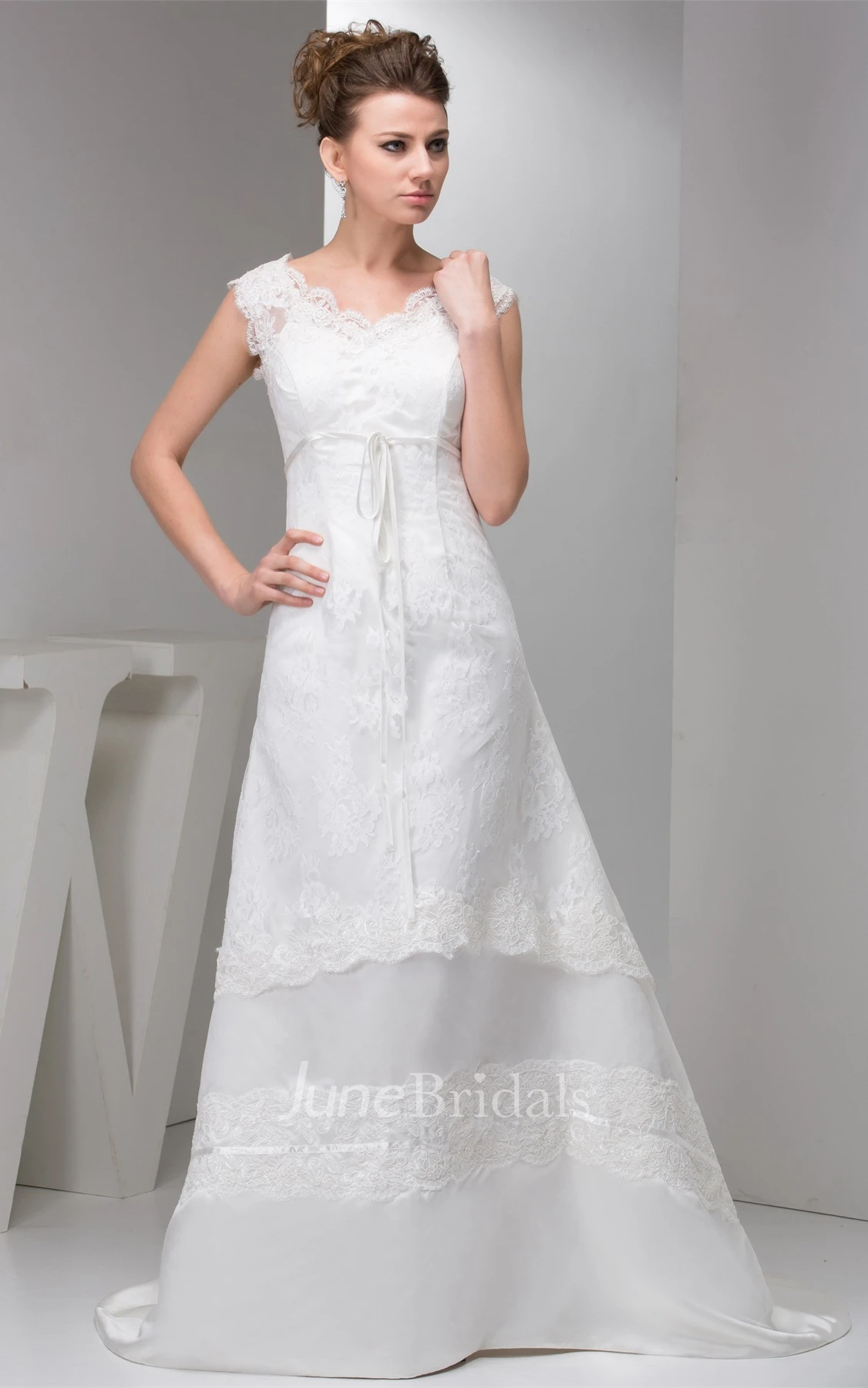 Caped-Sleeve Lace A-Line Gown with Low-V Back