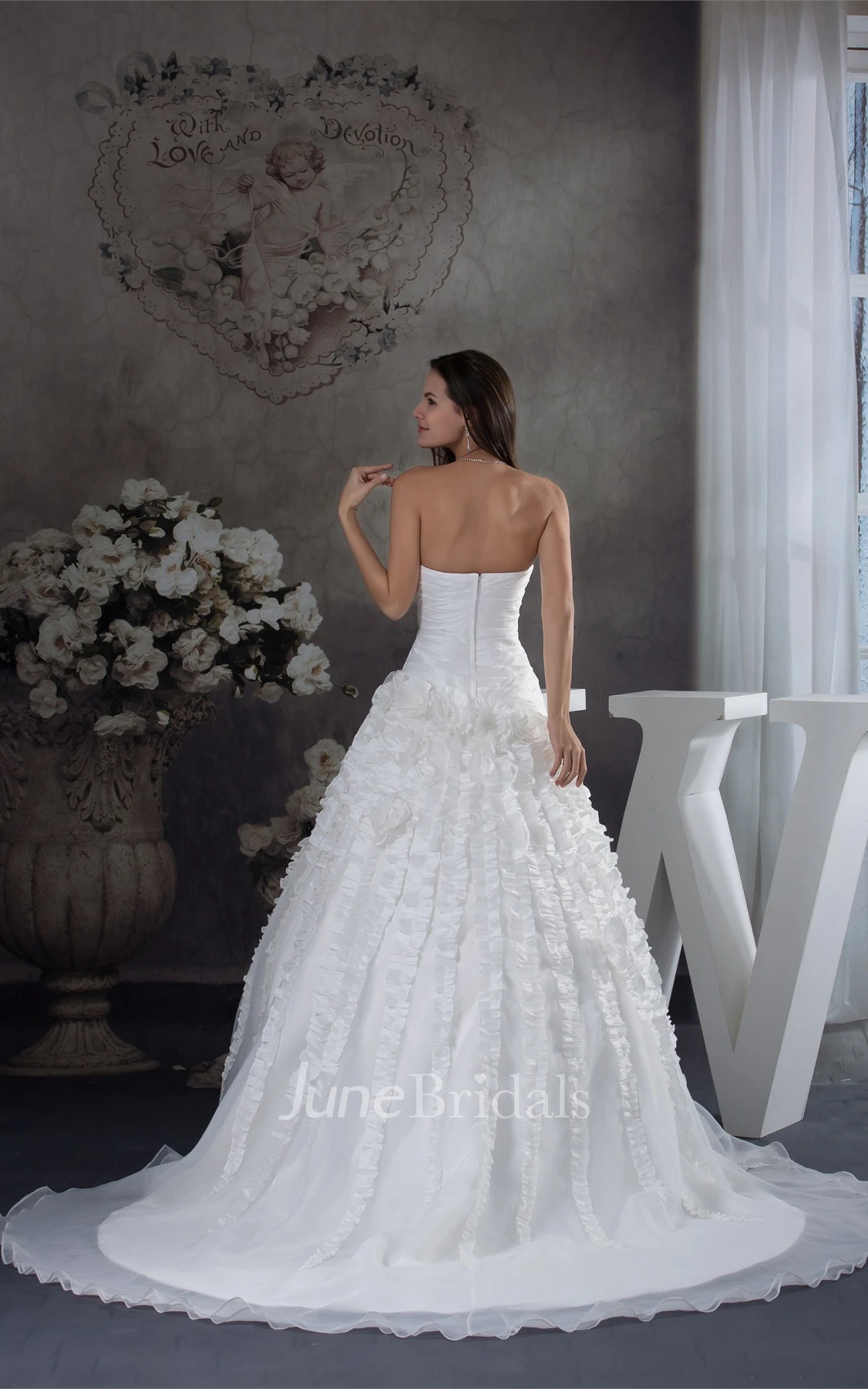 Strapless Criss-Cross A-Line Satin Bodice Dress with Flowers and Tulle Overlay