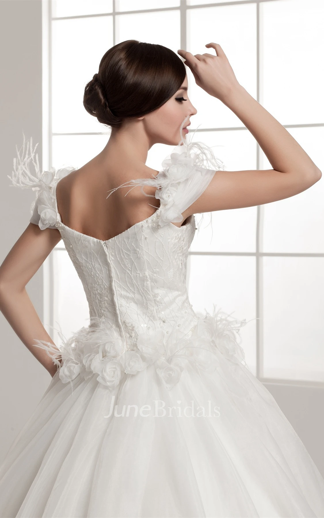 Off-The-Shoulder A-Line Ball Gown with Beading and Floral Waist