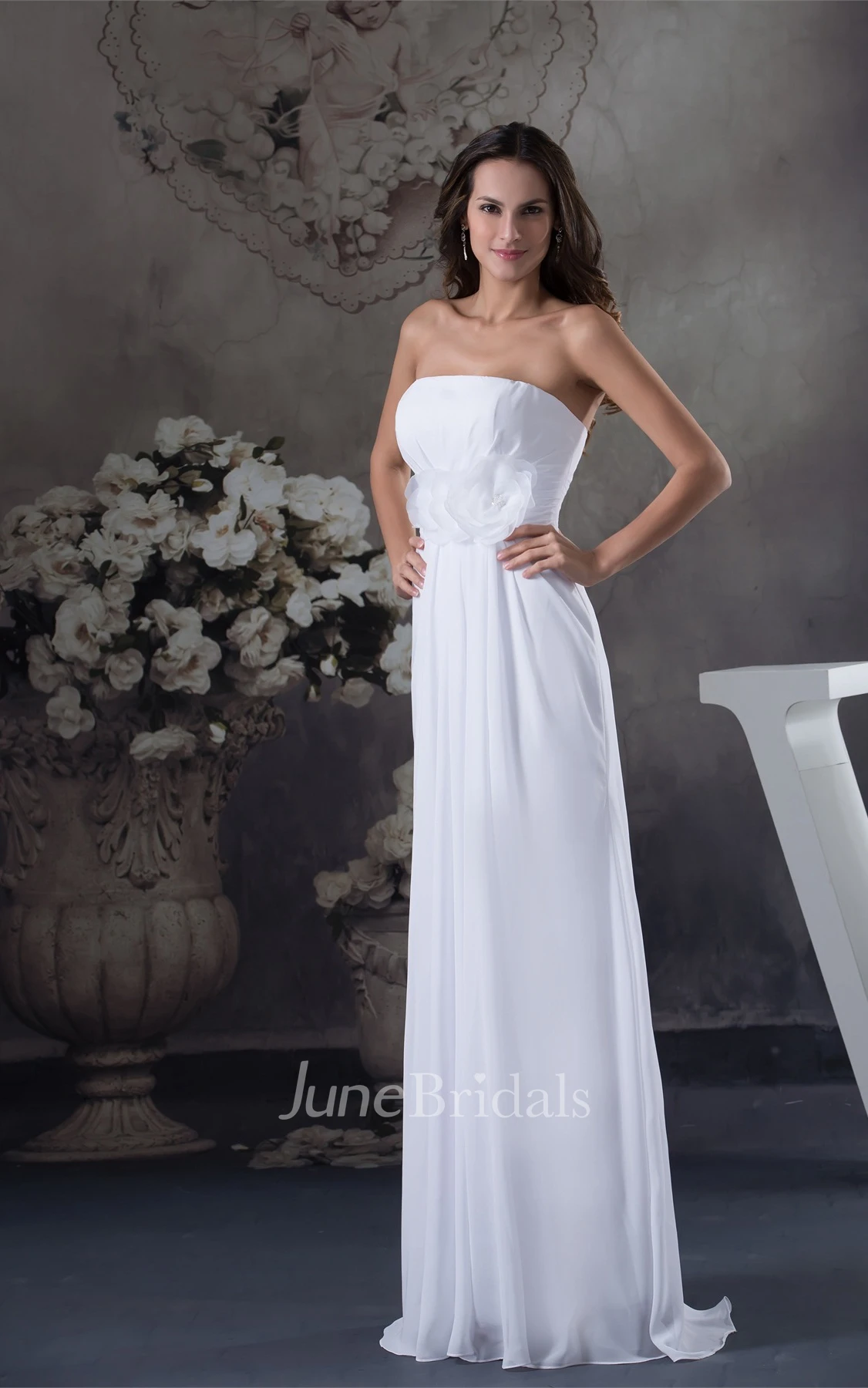 Ethereal A-Line Chiffon Floor-Length Dress with Pleats and Flower