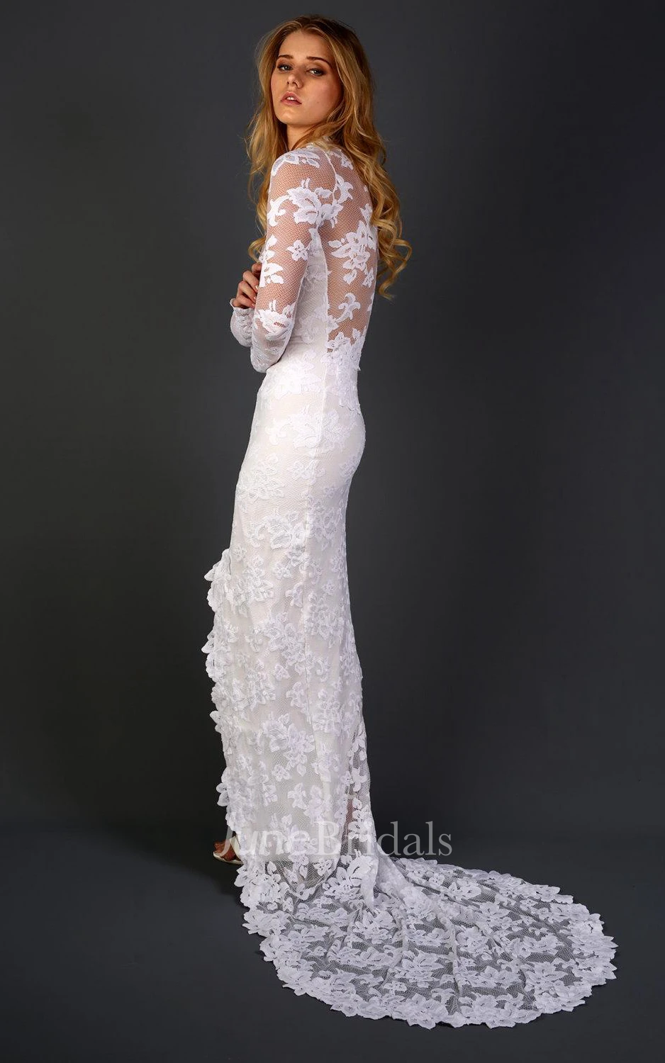Long Sleeve Chapel Train Lace Dress With Appliques Flower