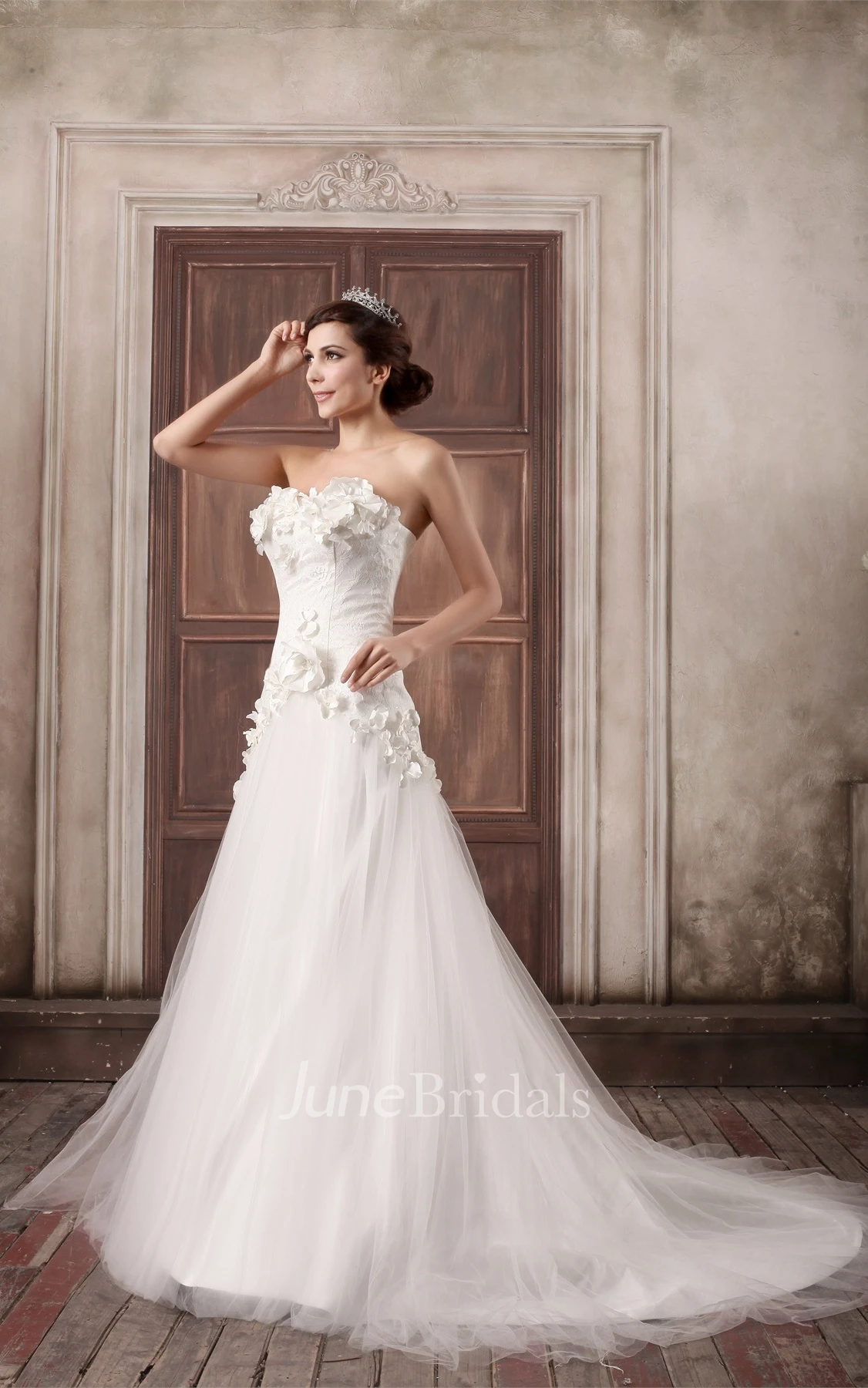 floral a-line strapless dress with tulle overlay and lace