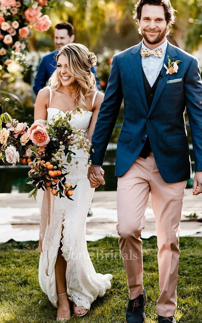 Elegant Sheath Lace Spaghetti Sweetheart Sleeveless Wedding Dress With Split Front