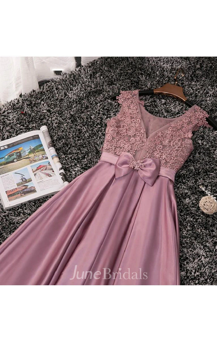Sleeveless Bow Sash Lace Satin Dress
