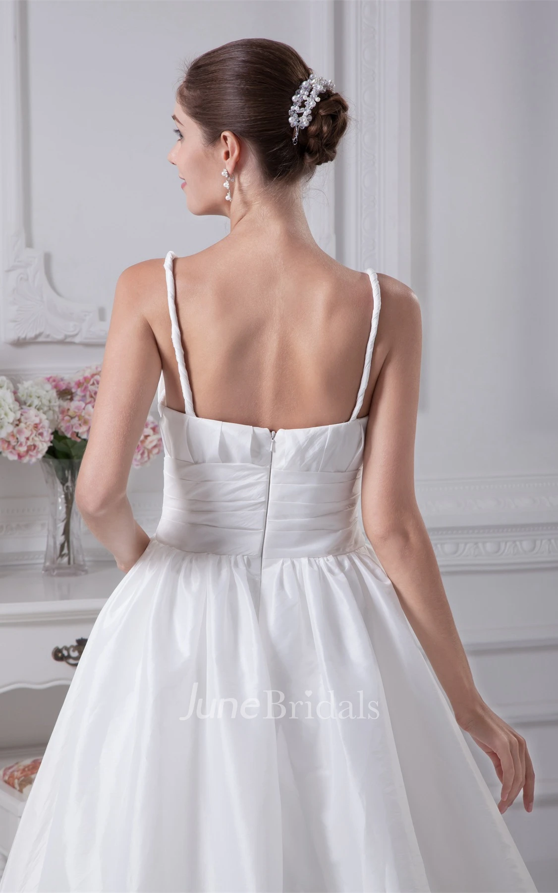 Spaghetti-Strap Plunged A-Line Gown with Broach and Pleats