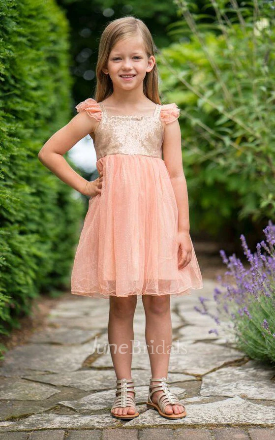 Ruffled Cap Sleeve Square Neck Sequins Dress