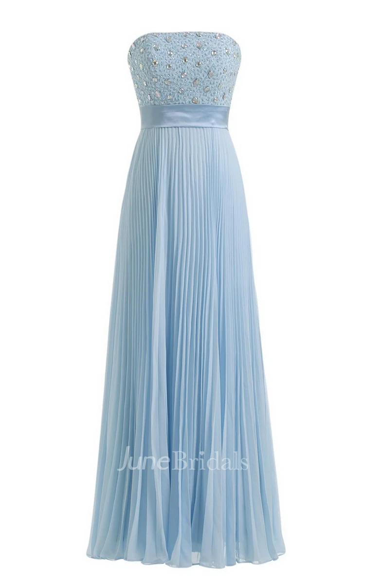 Strapless Empire Long Pleated Dress With Rhinestones
