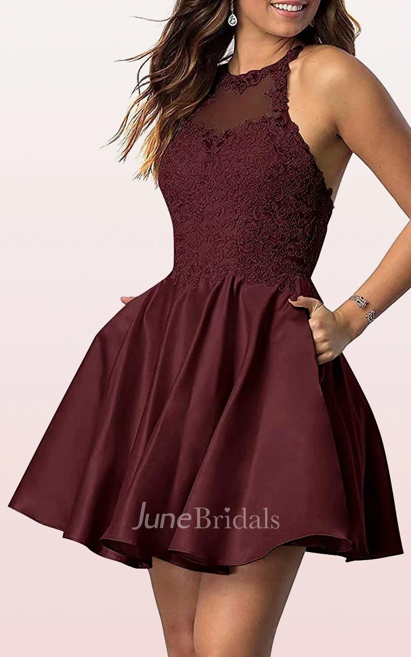 Adorable A Line Satin Lace Jewel Sleeveless Homecoming Dress with Pleats
