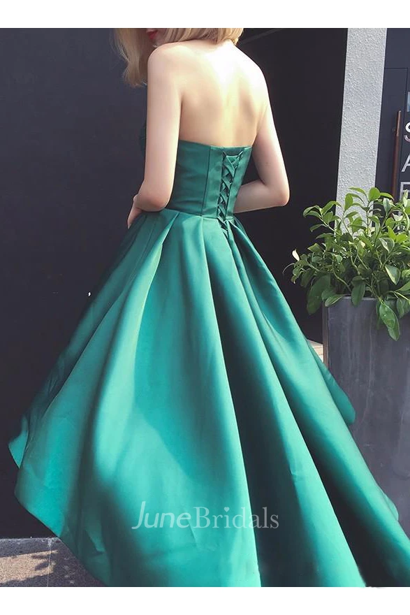 Sexy Sweetheart A line Satin High-Low Corset Gown with Ruching