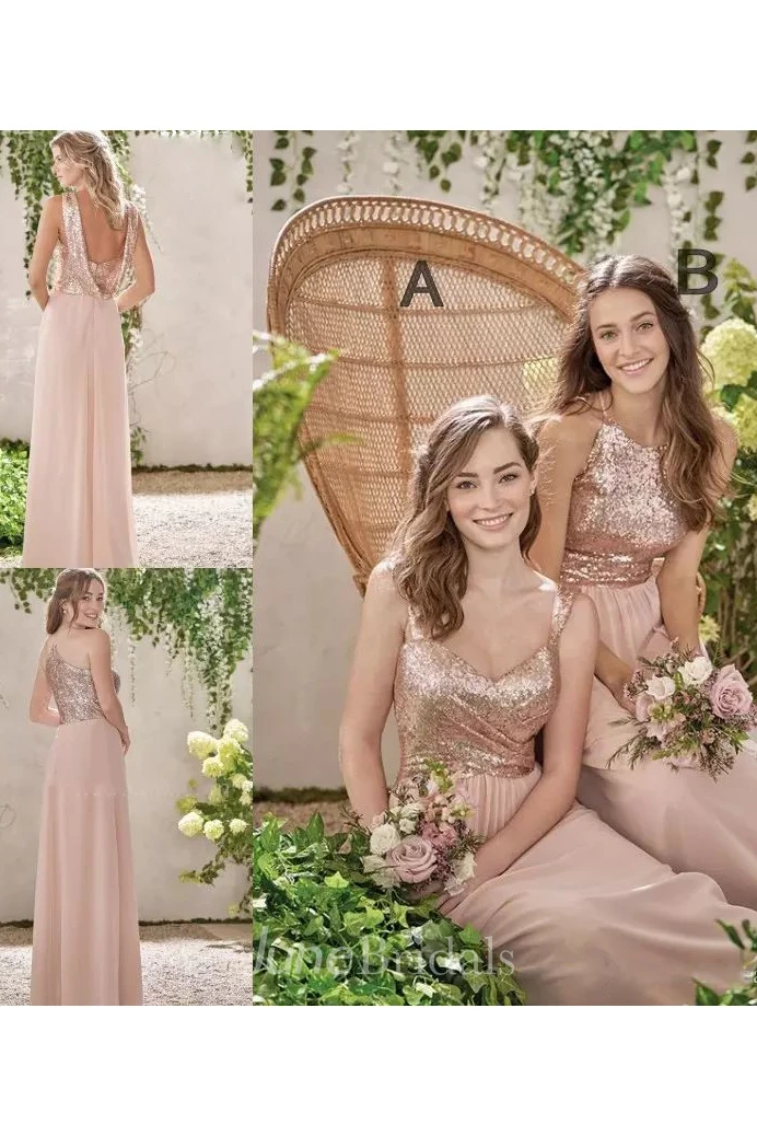 A-line Halter V-neck Sleeveless Floor-length Chiffon Sequins Bridesmaid Dress with Ruching